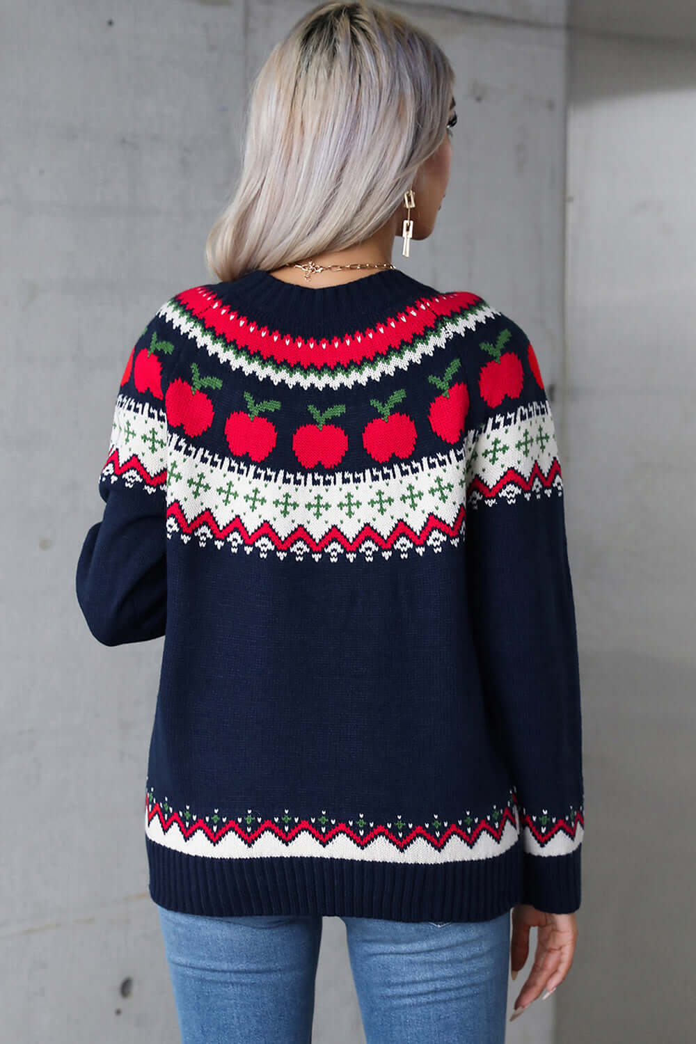 Angel Wings Graphic Round Neck Long Sleeve Sweater with Apple Design in Navy, Back View