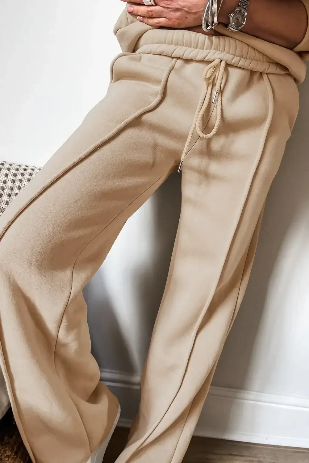 Beige Bella Road Zip Up Long Sleeve Top and Pants Set with Drawstring, showcasing comfortable and trendy fashion style.