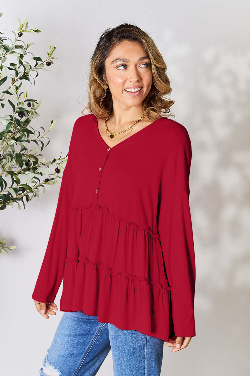 DOUBLE TAKE Half Button Long Sleeve Ruffle Hem Blouse at Bella Road