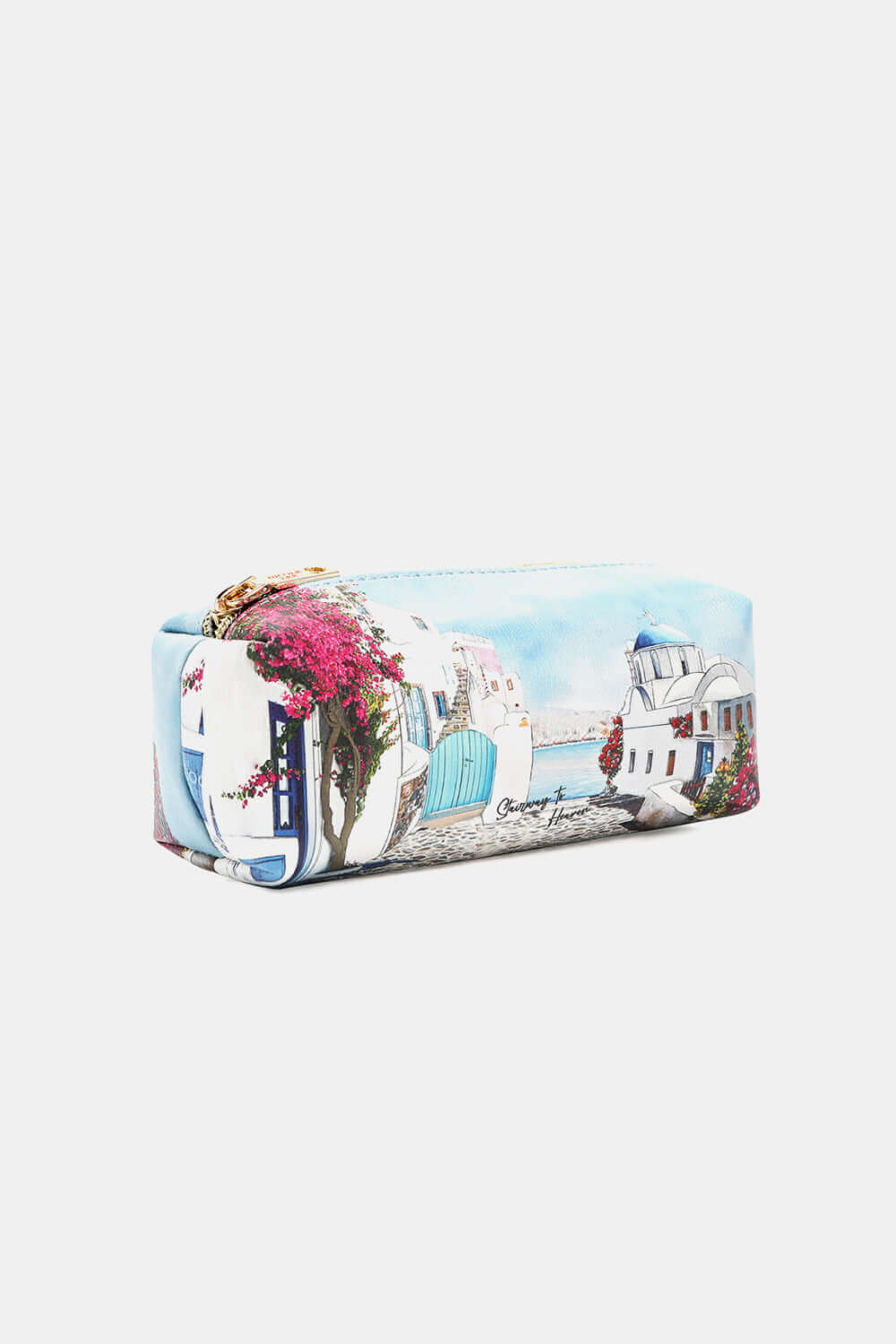 Nicole Lee USA printed handbag with scenic design in pebbled and glossy patent leather featuring three pouches for makeup and essentials