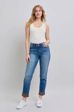 Judy Blue plaid print cuff straight leg jeans with pockets, stylish outfit for any casual occasion.