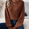 Bella Road Ribbed Round Neck Lantern Sleeve T-Shirt - Dark Brown