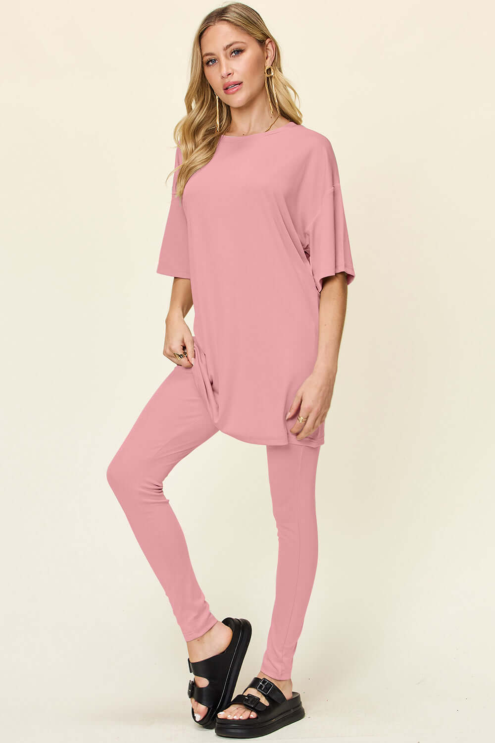 DOUBLE TAKE Full Size Round Neck Dropped Shoulder T-Shirt and Leggings Set at Bella Road