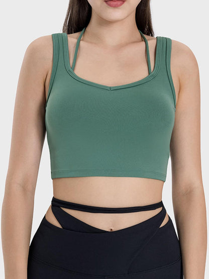 Millennia Crisscross Square Neck Active Tank in green, perfect for yoga and workouts with breathable stretch fabric.