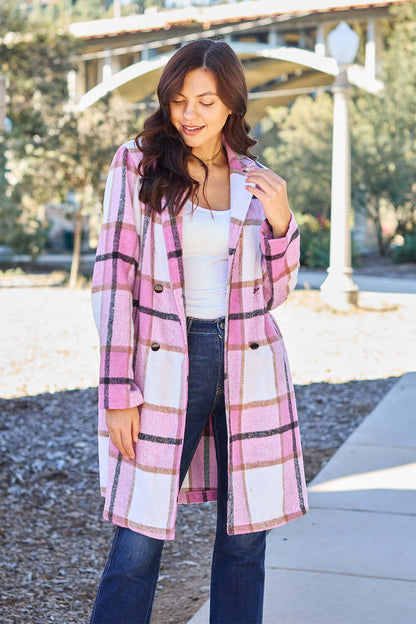 DOUBLE TAKE Full Size Plaid Button Up Lapel Collar Coat at Bella Road