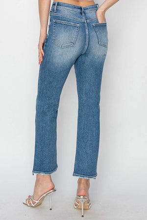 Back view of High Rise Slim Straight Risen Jeans in petite size with high heel shoes