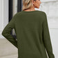 Woman wearing Bella Road Waffle-Knit Notched Long Sleeve T-Shirt in green from the back, showing its relaxed fit and basic style.