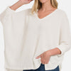 Full Size Round Neck High-Low Slit Knit Top - Off White