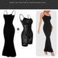 Black sleeveless maxi dress with built-in shapewear, designed for double layer waist control and creating an hourglass figure. Highly stretchy fabric.