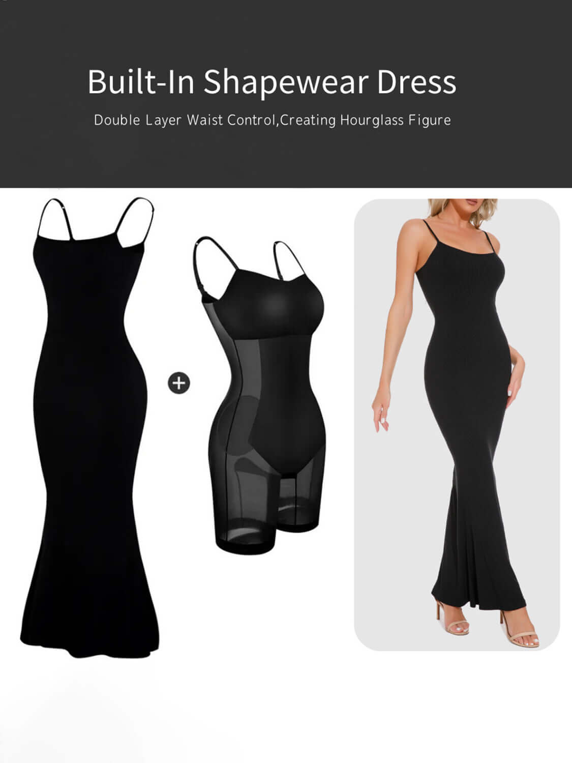 Black sleeveless maxi dress with built-in shapewear, designed for double layer waist control and creating an hourglass figure. Highly stretchy fabric.