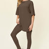 Round Neck Dropped Shoulder T-Shirt and Leggings Set | Full Size - Coffee Brown