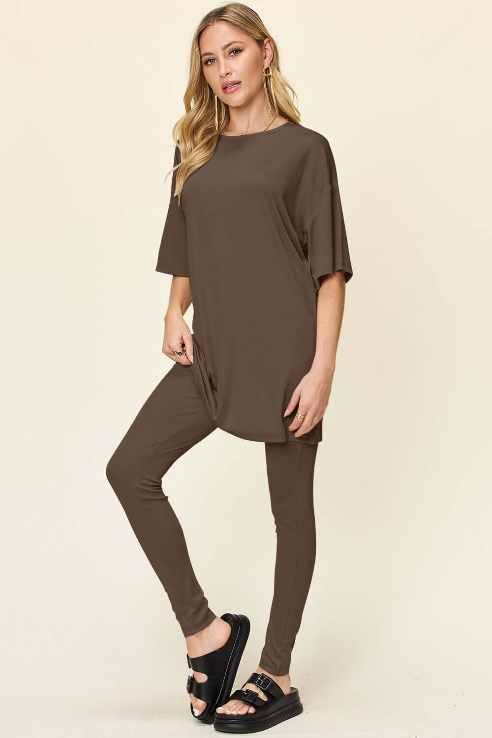 DOUBLE TAKE Full Size Round Neck Dropped Shoulder T-Shirt and Leggings Set at Bella Road