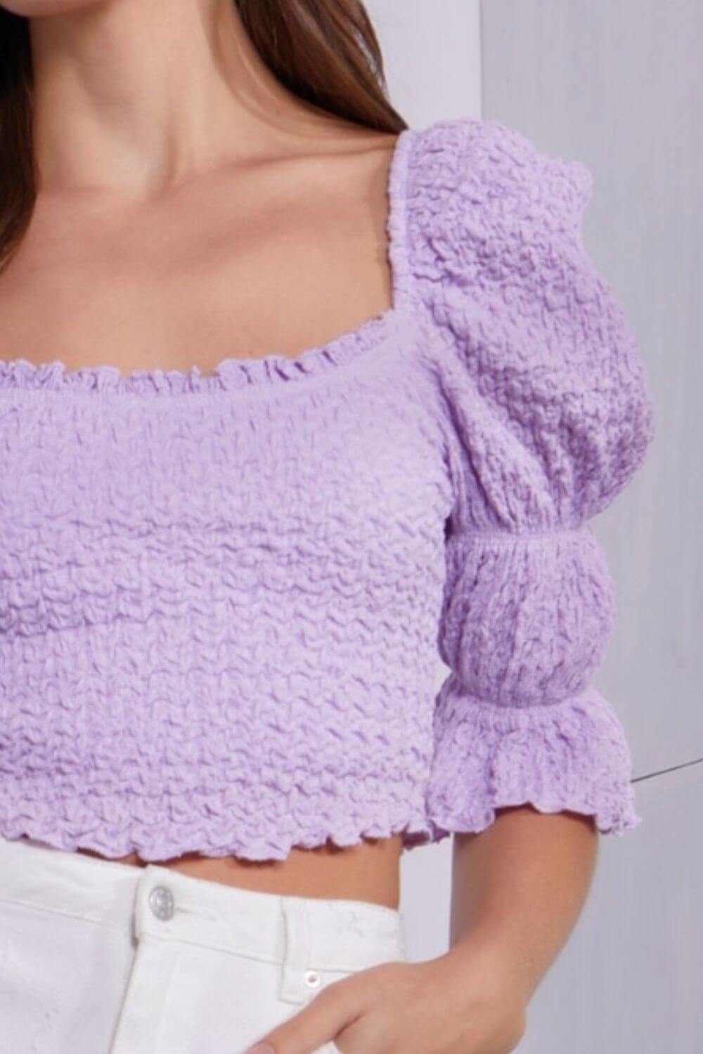 TASHA APPAREL Crinkle Texture Puff Sleeve Crop Top at Bella Road