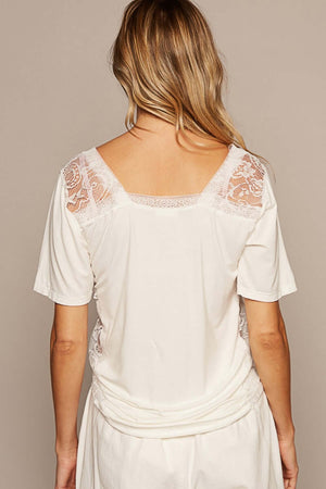 POL V-Neck Short Sleeve Lace Trim Top at Bella Road