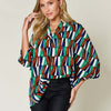 Geometric Notched Raglan Sleeve Blouse | Full Size - Teal