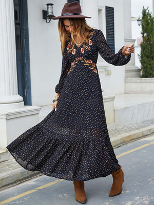 Bella Road embroidered V-neck long sleeve dress with ruffled sheer hem, styled with a hat and brown boots. Perfect for any occasion!