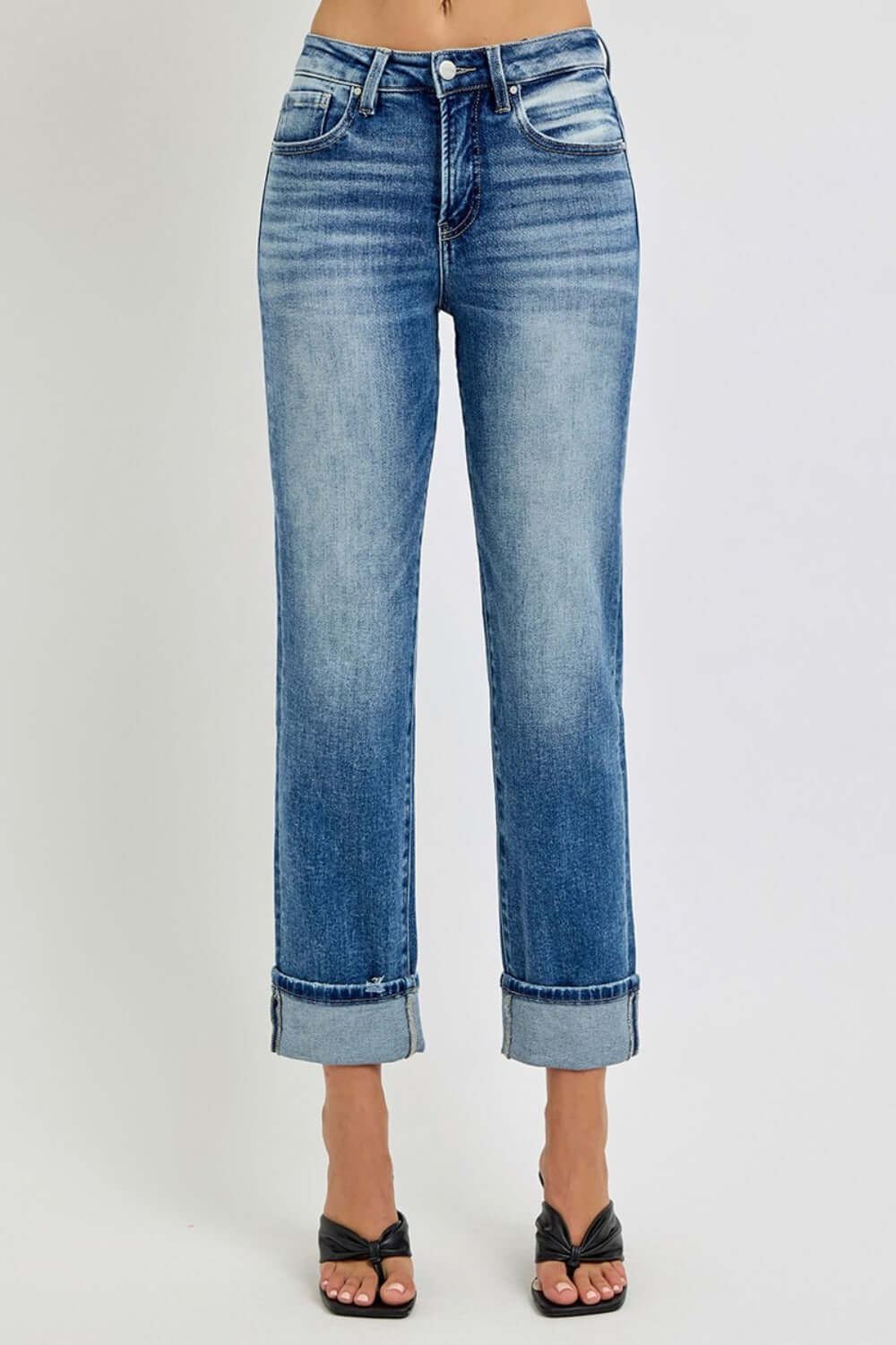 High Rise Crop Straight Roll Up Jeans with Casual Charm