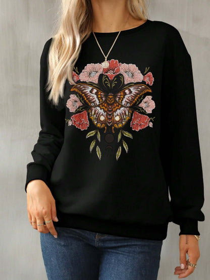 Bella Road Yellowstone Sweatshirt with butterfly design, round neck, long sleeves, cozy style, perfect for cool weather.