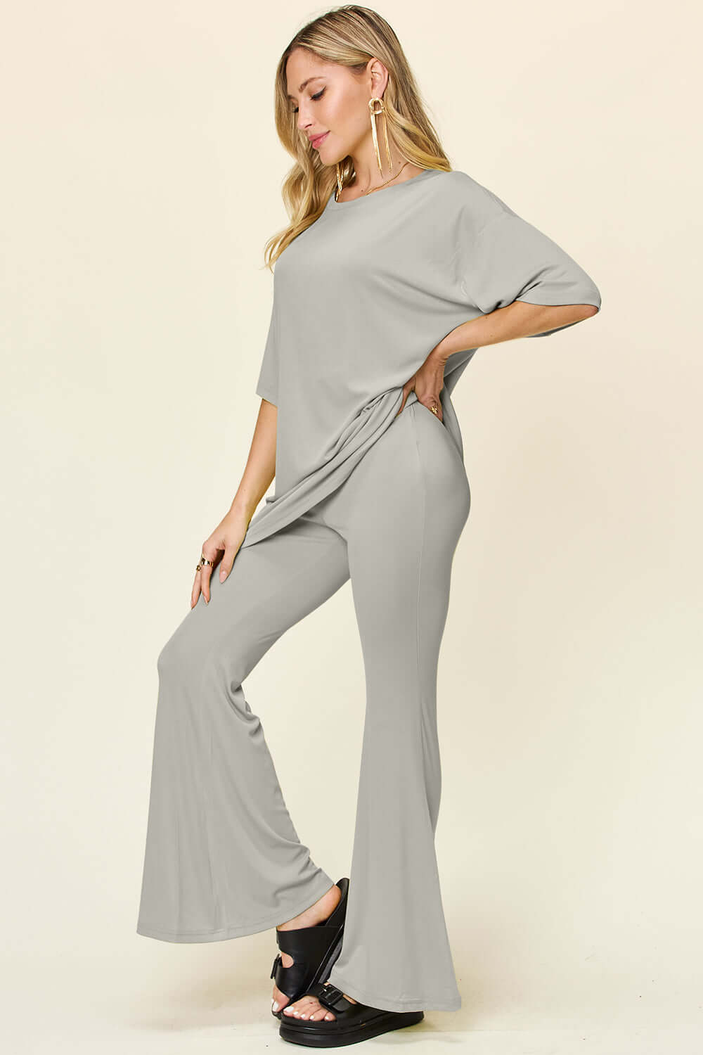 DOUBLE TAKE Full Size Round Neck Drop Shoulder T-Shirt and Flare Pants Set at Bella Road