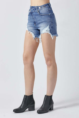 Raw Hem Asymmetrical Waist Denim Shorts by Risen Jeans - edgy summer fashion statement with casual cool and all-day comfort