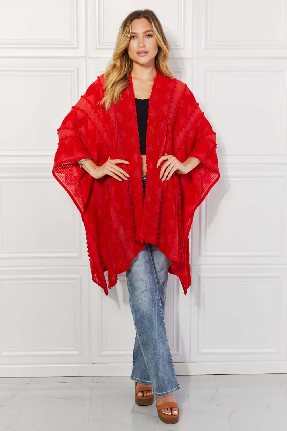 JUSTIN TAYLOR Pom-Pom Asymmetrical Poncho Cardigan in Red at Bella Road