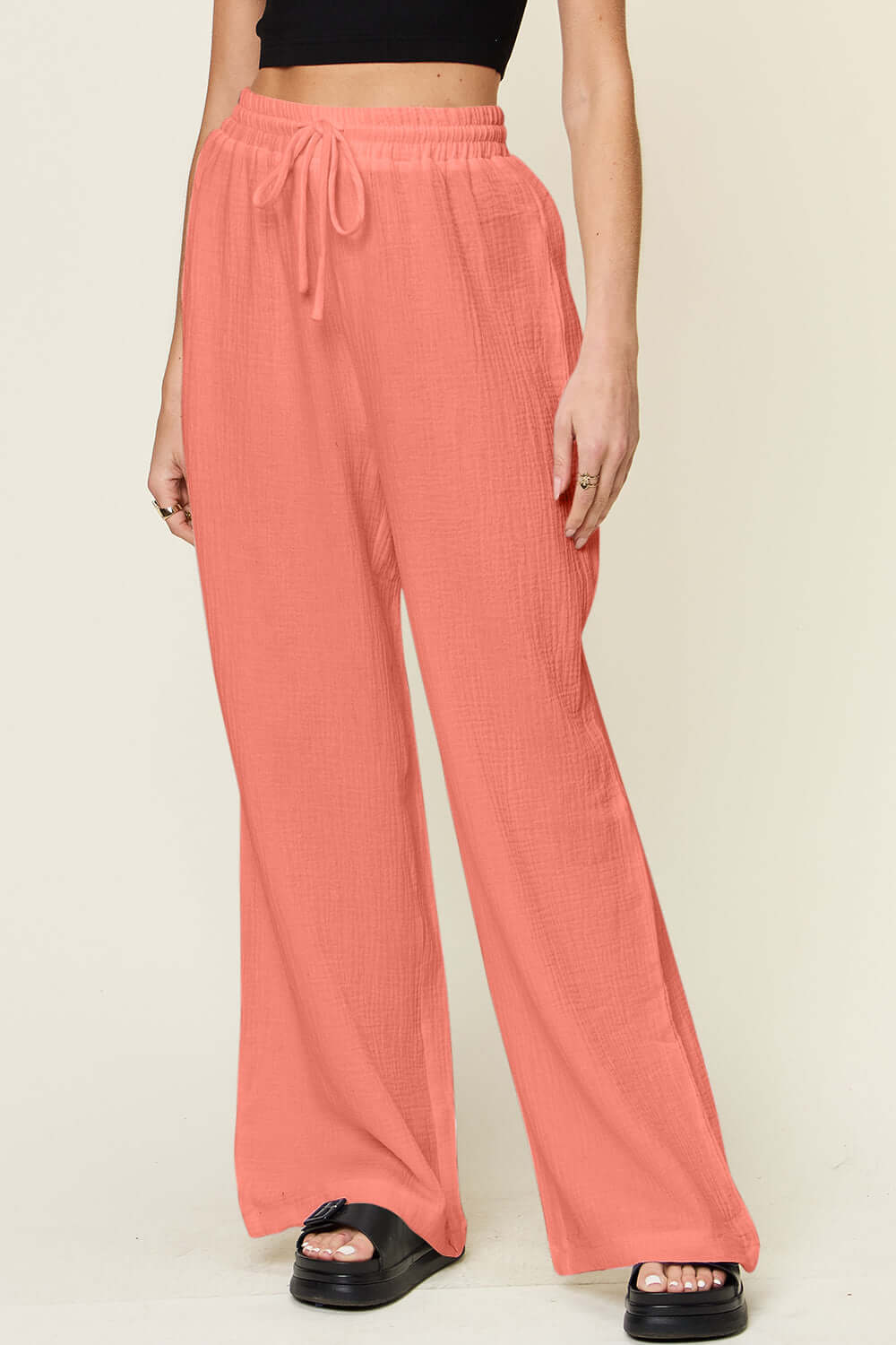 DOUBLE TAKE Full Size Texture Drawstring Wide Leg Pants at Bella Road