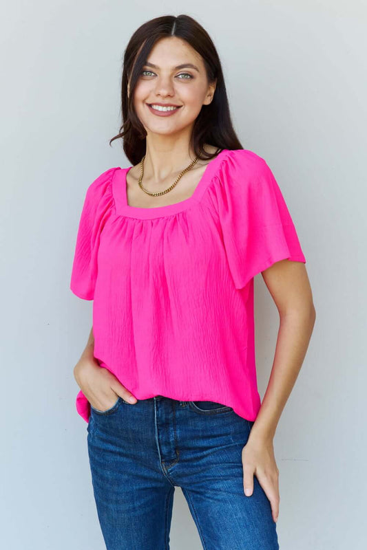 NINEXIS Keep Me Close Square Neck Short Sleeve Blouse in Fuchsia at Bella Road