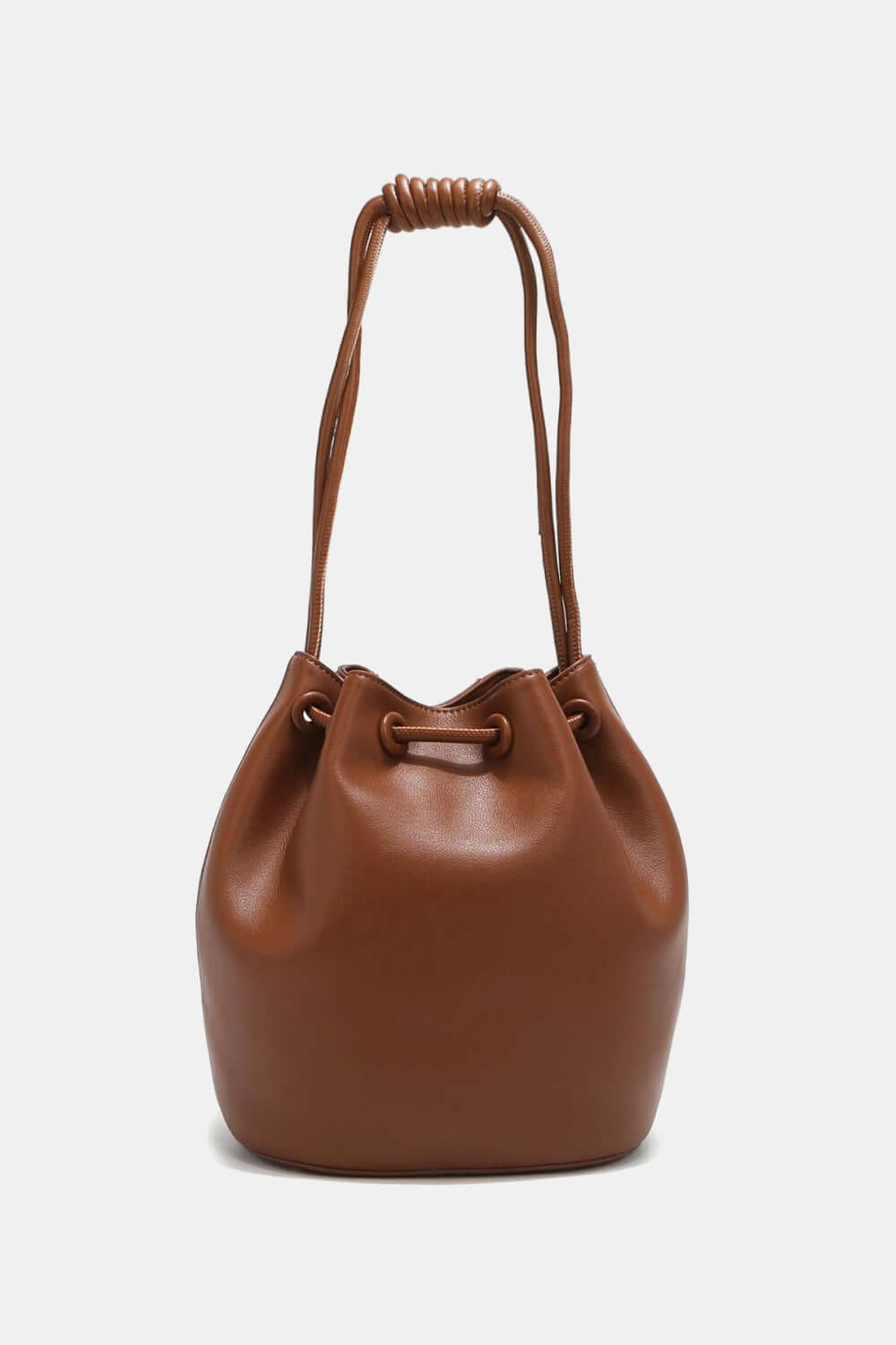 Nicole Lee USA Amy Studded Bucket Bag in brown vegan leather with drawstring closure