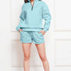 Half Zip Long Sleeve Sweatshirt and Drawstring Shorts Set - Light Blue