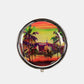 Nicole Lee USA Print Metallic Circular Large Pill Case with colorful tropical design and palm trees on a silver-tone metal exterior.