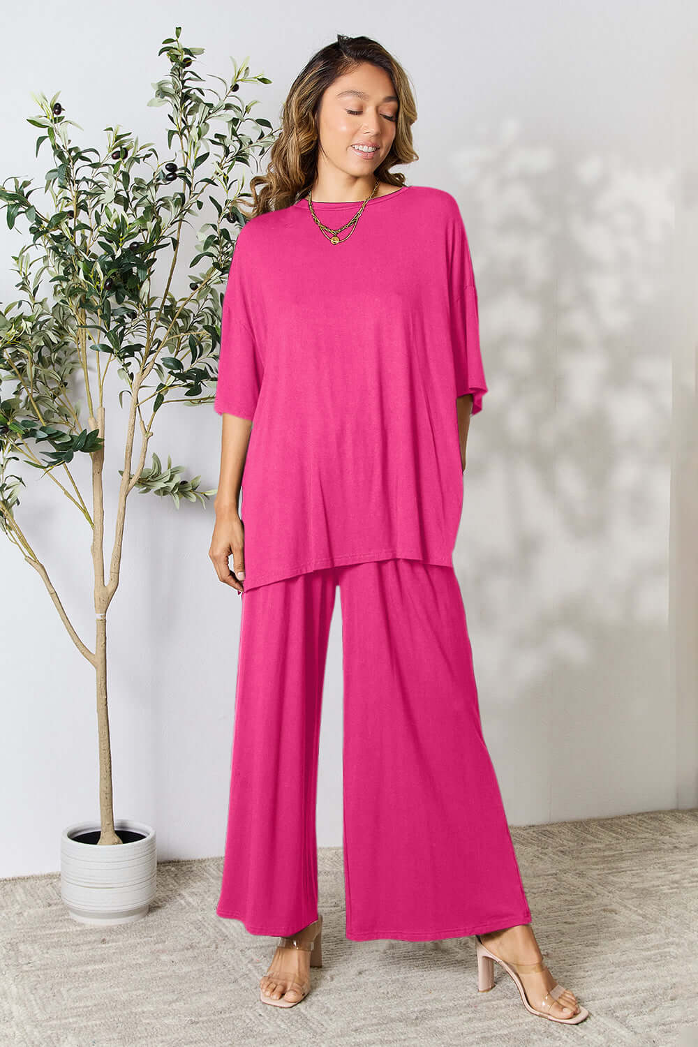 DOUBLE TAKE Full Size Round Neck Slit Top and Pants Set at Bella Road