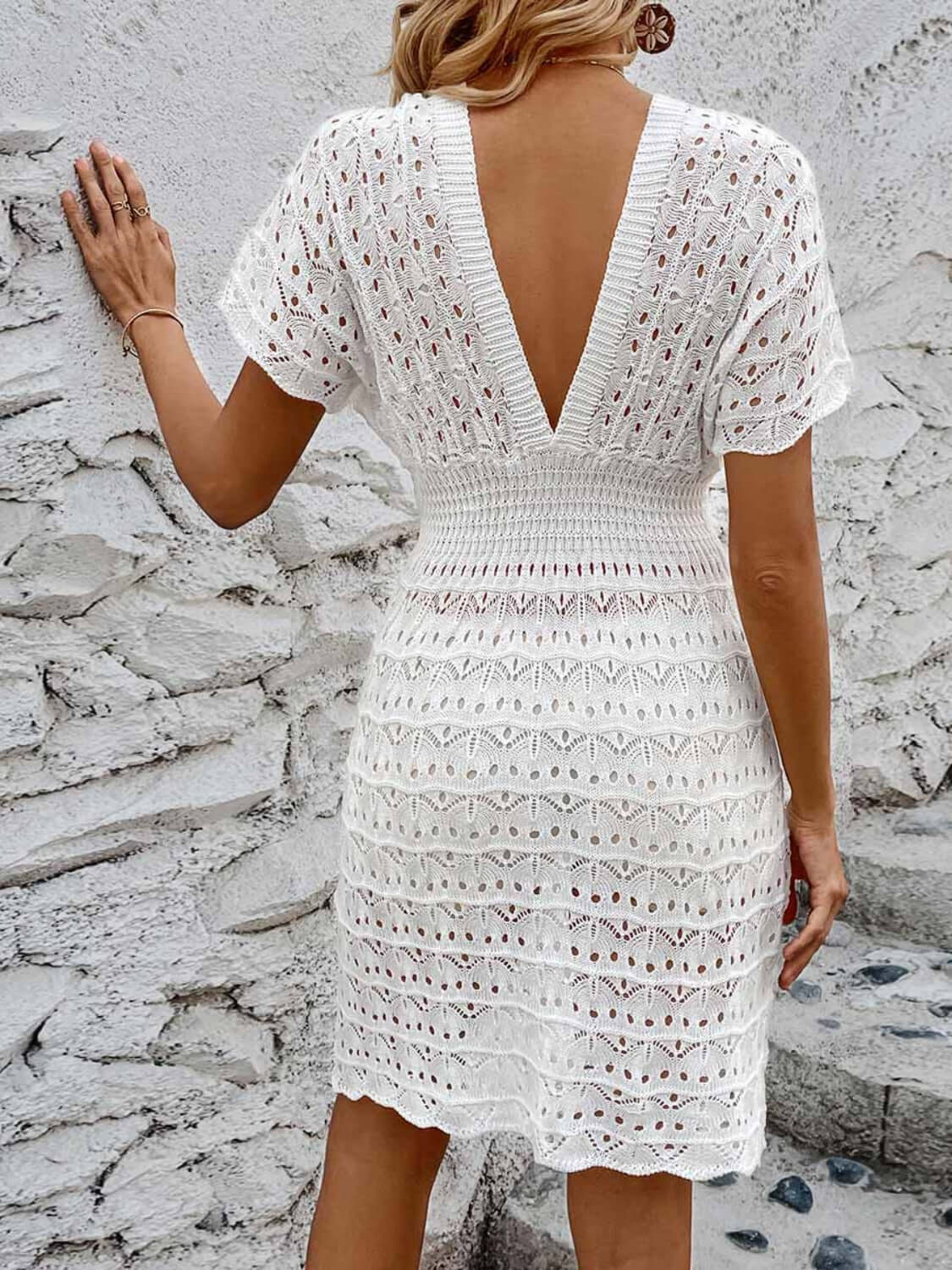 BELLA ROAD Openwork Plunge Short Sleeve Cover-Up Dress at Bella Road