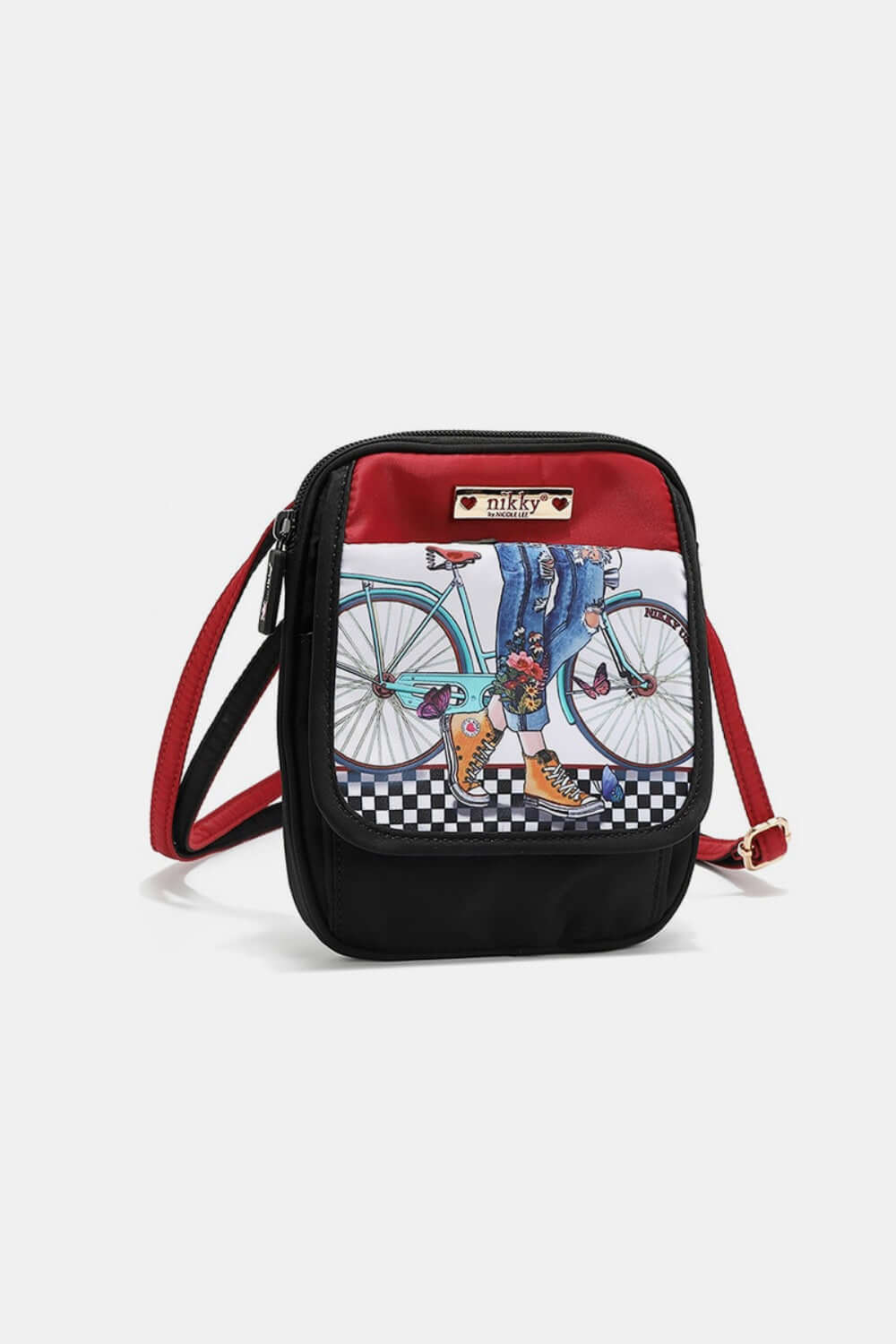 Nicole Lee USA Printed Nylon Crossbody Bag with vibrant graphic design in small size, perfect for travel and daily use