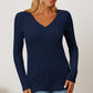 Ribbed V-Neck Long Sleeve T-Shirt