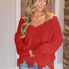 Bella Road Frayed Hem Dropped Shoulder Sweater - Red