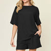 Round Neck Short Sleeve T-Shirt and Shorts Set | Full Size - Black