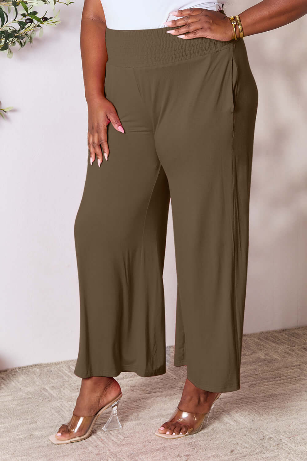 DOUBLE TAKE Full Size Smocked Wide Waistband Wide Leg Pants at Bella Road