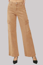 High rise wide leg cargo jeans with pockets in tan, perfect for a trendy and functional look.