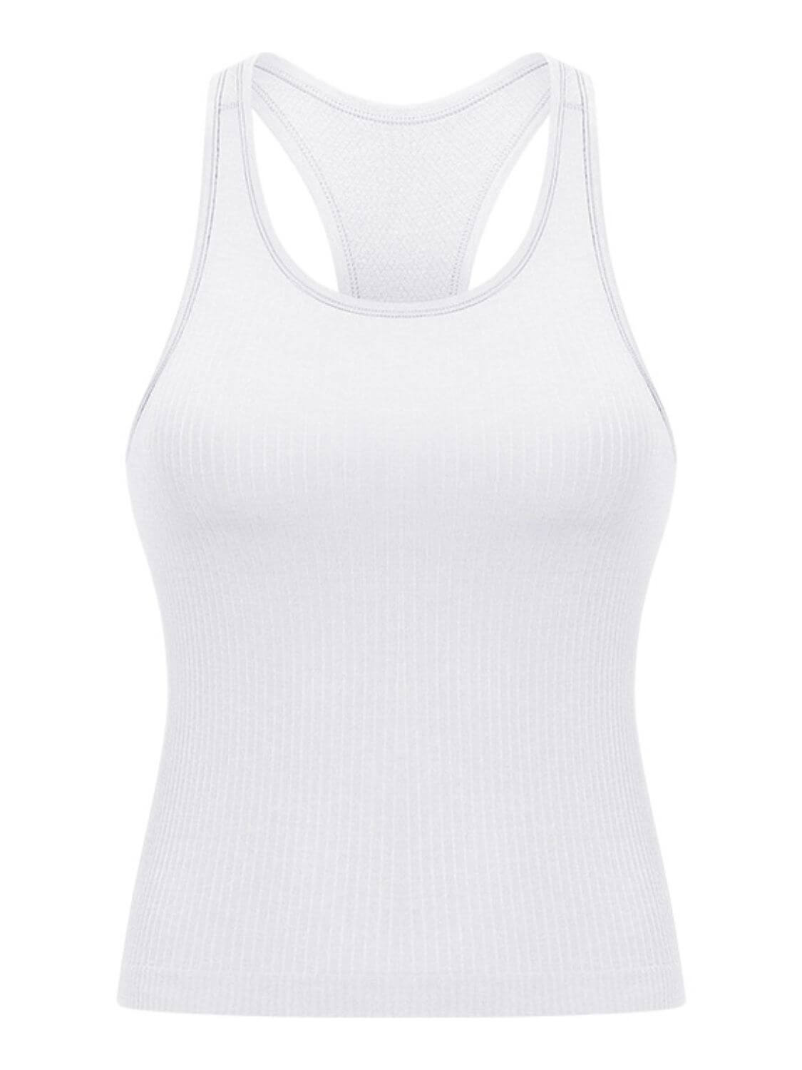 Millennia Round Neck Racerback Active Tank in white, designed for comfort and mobility during intense workouts.