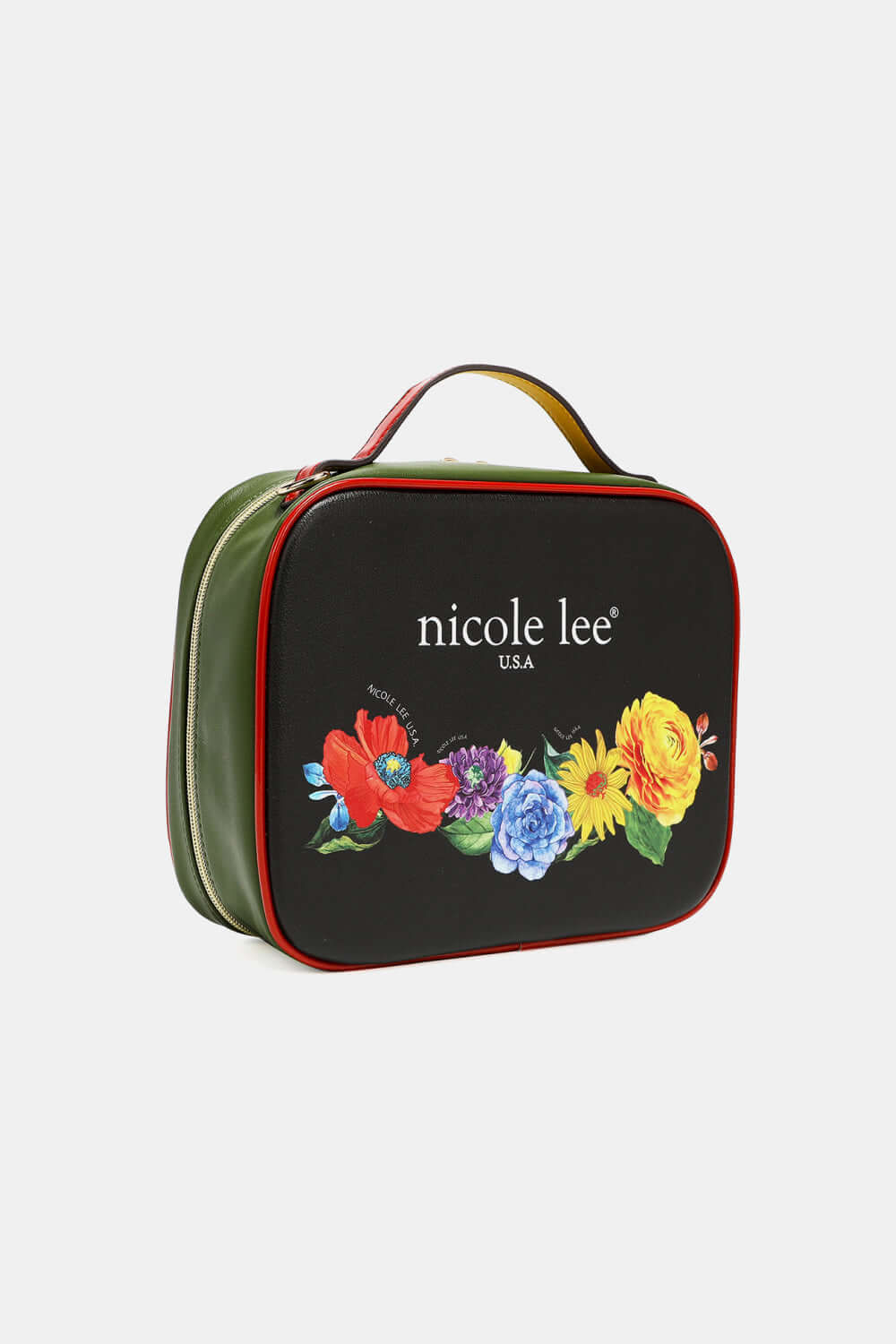 Nicole Lee USA printed handbag with floral design and three pouches made of pebbled and glossy patent leather.