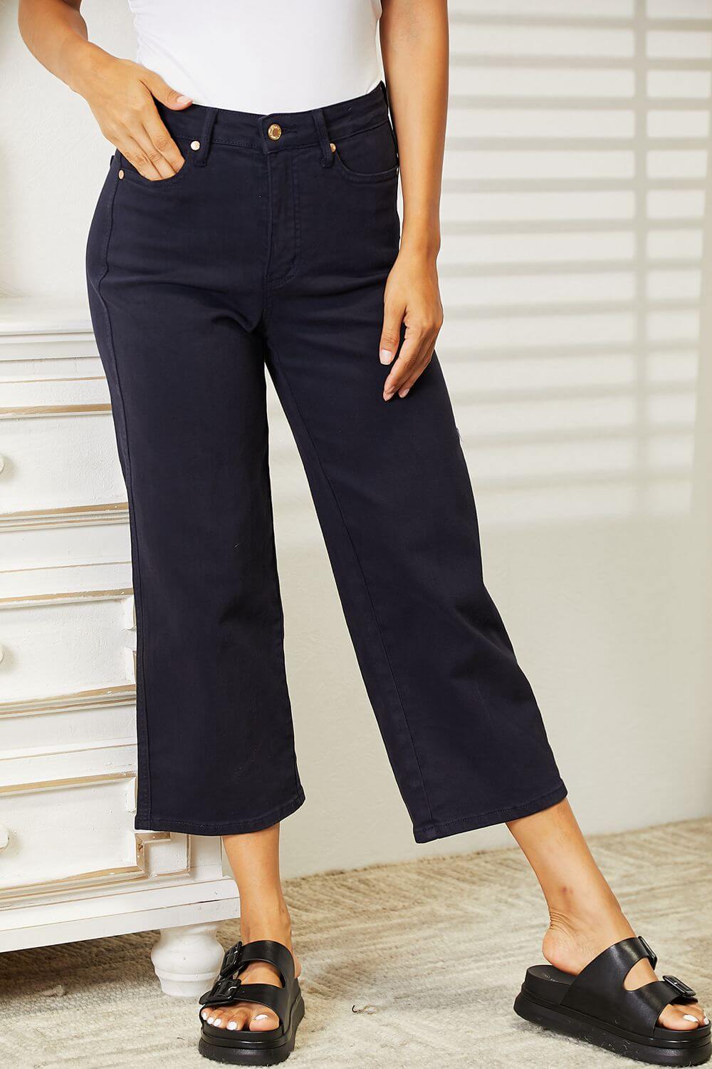 High Waist Tummy Control Judy Blue Jeans with Cropped Wide Leg in Black, Styled with White Top and Black Sandals