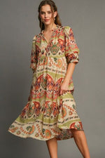 Chic Umgee full size tiered border print midi dress in vibrant colors, perfect for any occasion.