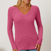 Ribbed V-Neck Long Sleeve T-Shirt - Hot Pink