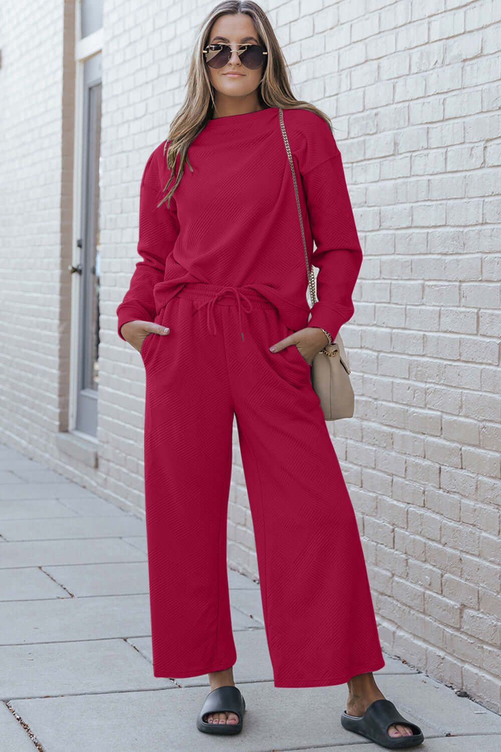 DOUBLE TAKE Full Size Textured Long Sleeve Top and Drawstring Pants Set at Bella Road