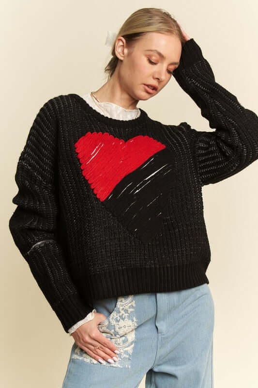 Davi & Dani Contrast Heart Dropped Shoulder Sweater, cozy black knit with red heart design, perfect for casual winter wear.