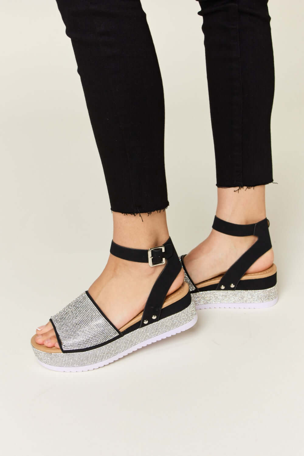 FOREVER LINK Rhinestone Buckle Strappy Wedge Sandals at Bella Road