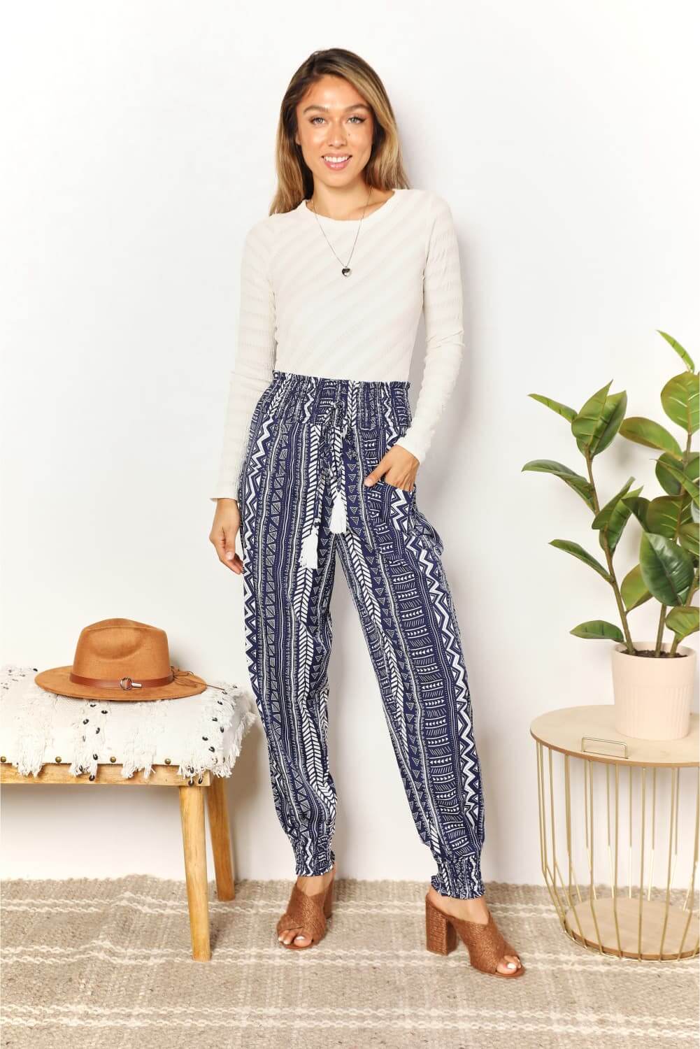 DOUBLE TAKE Geometric Print Tassel High-Rise Pants at Bella Road