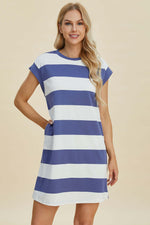 Woman wearing Basic Bae Full Size Striped Round Neck Cap Sleeve Mini Dress