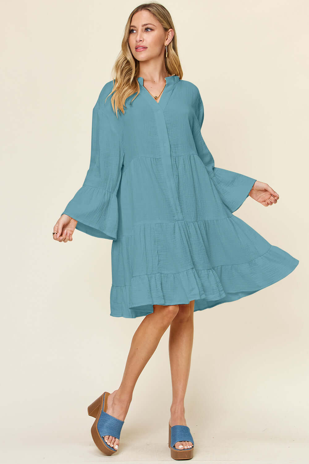 DOUBLE TAKE Full Size Texture Button Up Ruffle Hem Dress at Bella Road