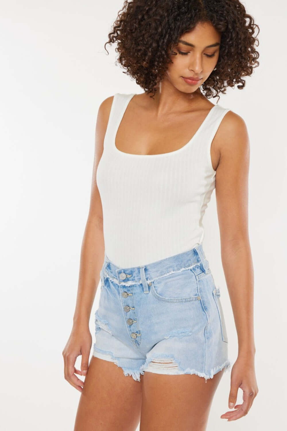 KANCAN Distressed Button Fly Denim Shorts at Bella Road